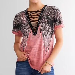 Affliction Age Of Winter Lace-Up T-Shirt Angel Wings Graphic Top XL
